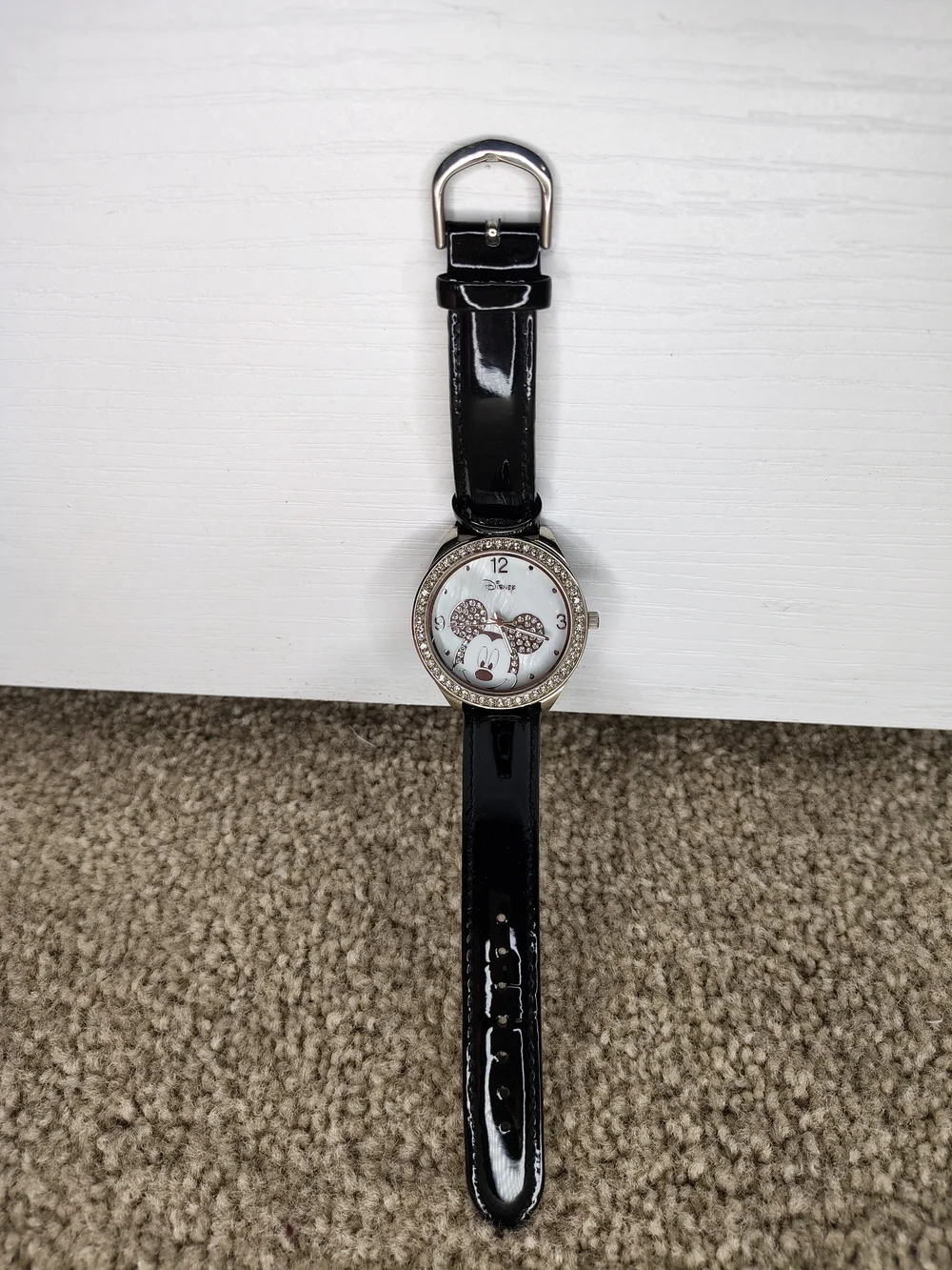 Disney Black Patent Leather Mickey Mouse Crystal Accent Watch